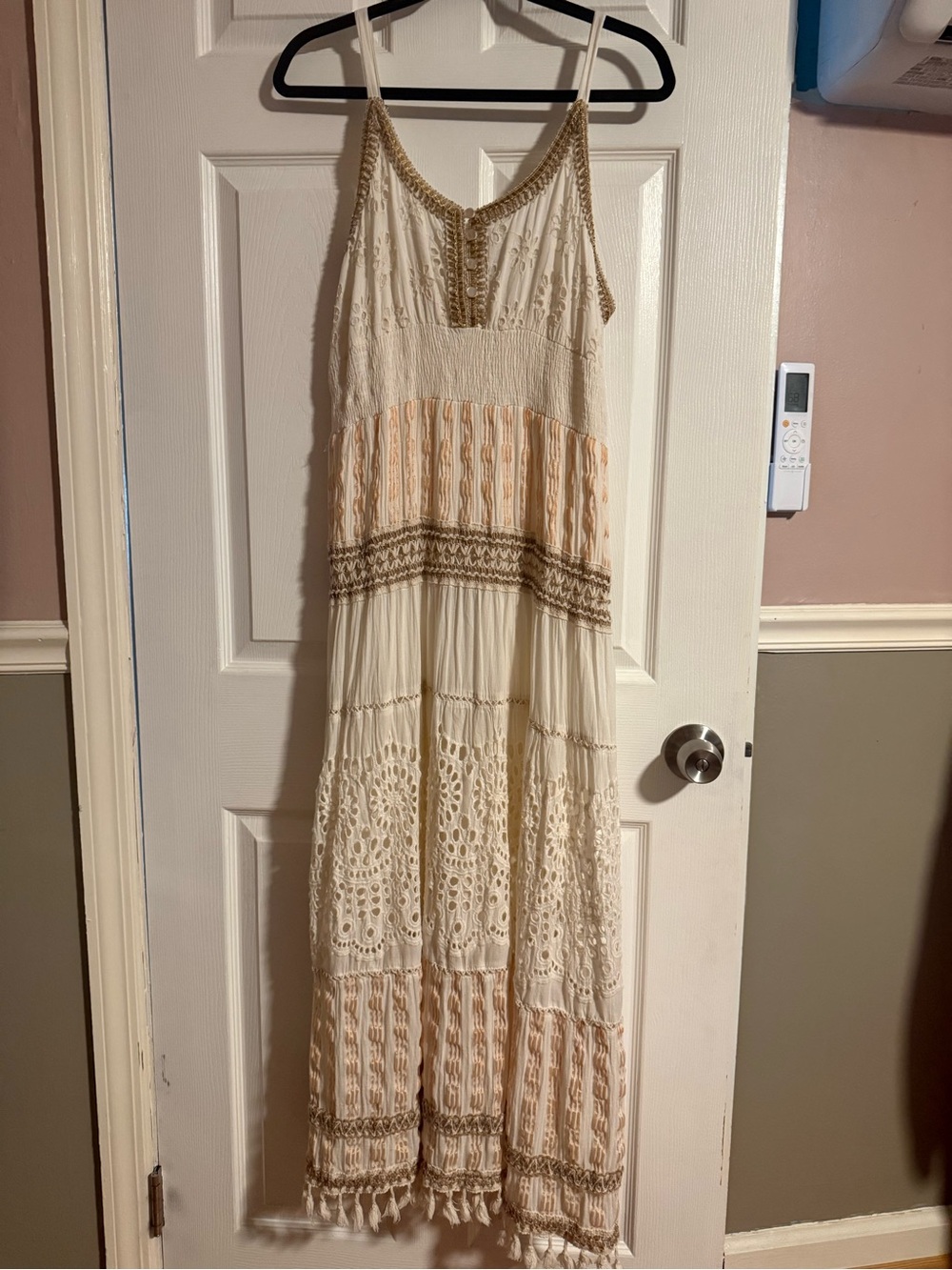 Cream and Peach Tiered Crochet Maxi Dress with Delicate Straps